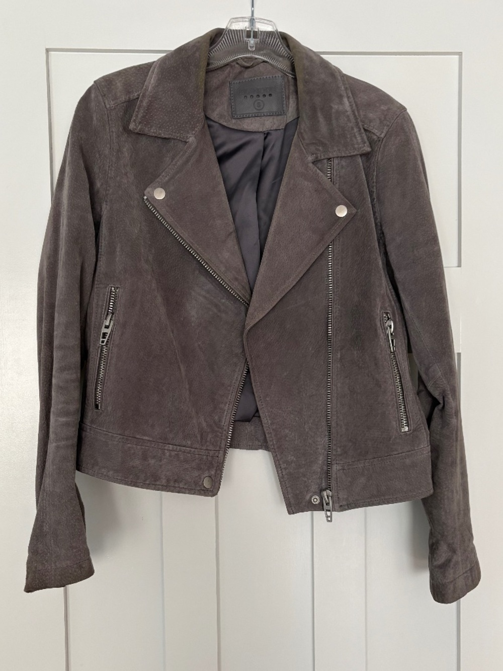 Gray leather moto-style jacket